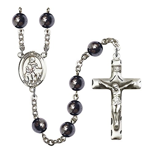 St. Giles Silver-Plated Rosary 8mm Hematite Beads Crucifix Size 1 3/4 x 1 medal charm
