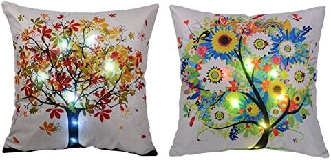 Led Light Up Pillow Covers - Wonder4 New Design Cotton Linen Square Throw Pillow Cushion Cases 18" x 18" Colorful Pastoral Style Tree of Life with LED Lighting for Home Sofa Bedding 2Pcs