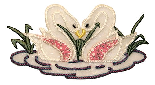 ID 0505 Swans Kissing Patch Romantic Lake Swim Embroidered Bird Iron On Applique