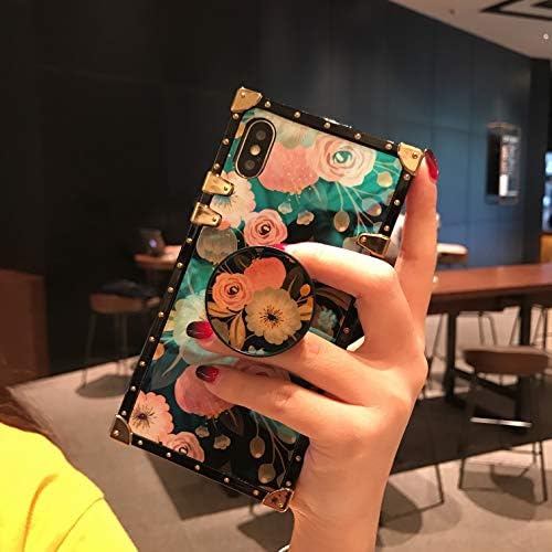 iPhone 6/6SPLUS/7/7PLUS/8/8PLUS/X/XS/XR/XS MAX 5.8" Newest Retro Blue Ray Rose Flower Glitter Skin Design TPU+ PU Leather Plating Square Corner Strong Back Case with Holder (Flower, iPhone Xs max)