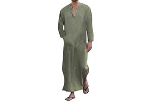 Jacansi Men's V-neck Short Sleeve Robe Side Split Kaftan Cotton Long Gown Thobe S-3XL