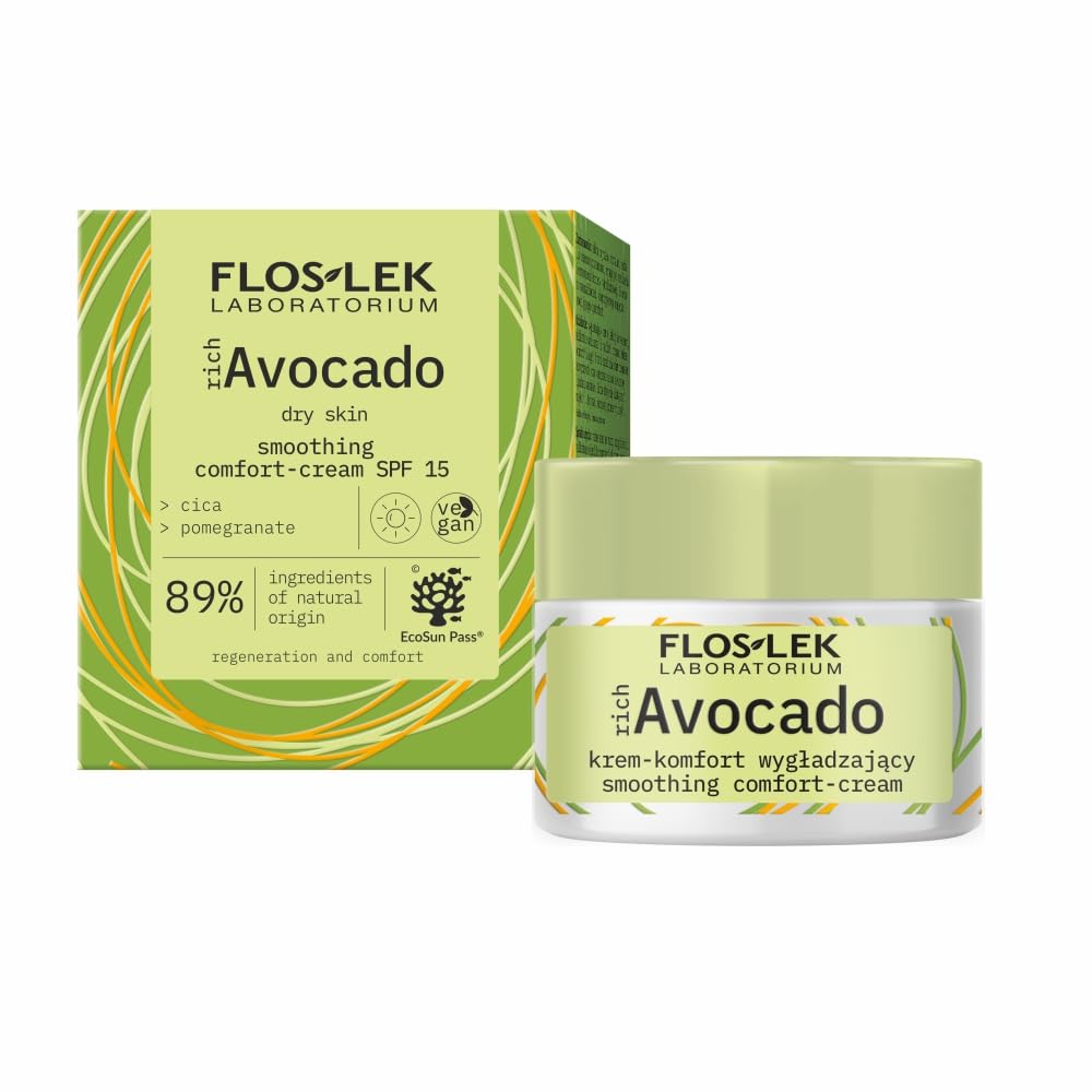 FLOSLEK richAvocado Smoothing Day Cream SPF 15 | Deeply Nourishing & Replenishing Sunscreen | Face Cream for bright and even Skin Tone | 50 ml