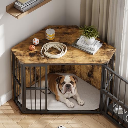 Garvee 42.5" Corner Dog Crate Furniture, Wooden Dog Kennel Indoor with Feeding…
