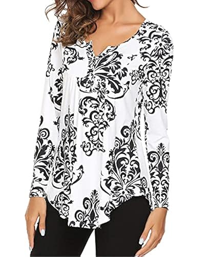 Halife Women's Long Sleeve Henley V-Neck Tunic - Loose Fit Pleated Blouse In A-White (XX-Large)