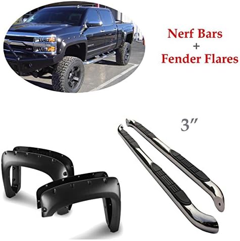 3 inch SS Side Step Running Board Nerf Bar and 4pcs Pocket Style ABS Fender Flares Wheel Cover Set for 07-14 Chevy Silverado 1500/2500HD/3500HD