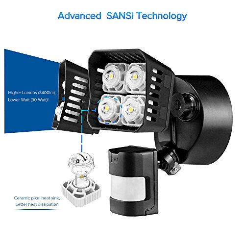 Upgraded SANSI LED Security Motion Sensor Outdoor Lights, 30W (250W Incandescent Equivalent) 3400lm, 5000K Daylight, Waterproof Floodlight, Black