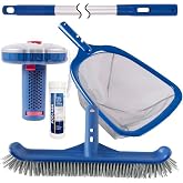 POOLAZA Pool Cleaning Kit, Brush, Net, Pole, Pool Floater, Pool Test Strips | Ultra Fine Mesh Pool Net, Nylon Bristle Pool Brush, 57.5" Aluminum Pool Pole, Pool Chlorine Floater &amp; 7-Way Pool Test Strips