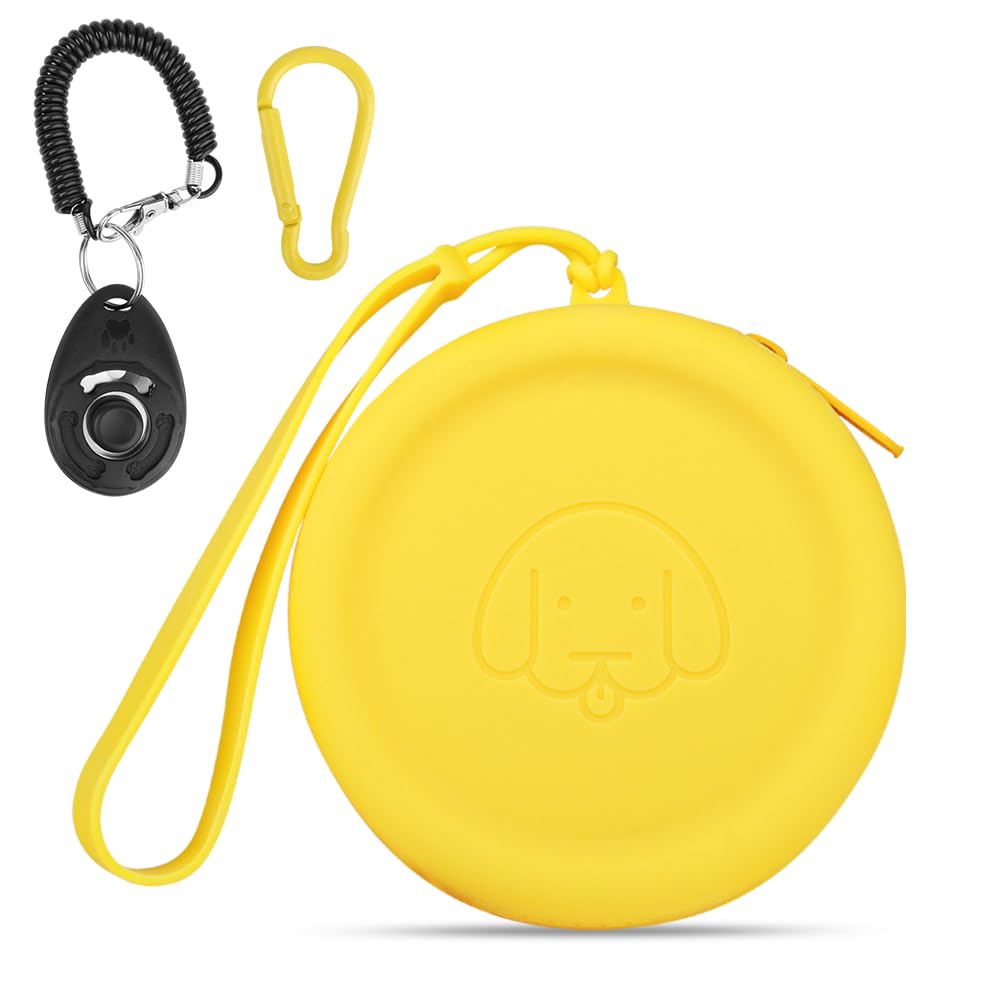 Silicone Dog Treat Pouch Small Bag,with Pet Training Clicker,Walking Bag for Dog and Cat, Pocket Size,Easy to Clean,Odorless,Zipper Design,Moisture-proof,Travel Walking Bag (yellow)