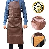 Waterproof Apron Leather Vinyl Group Grease Resistant, Pocket, Washable, Cooking Kitchen Suitable for Men (Brown)