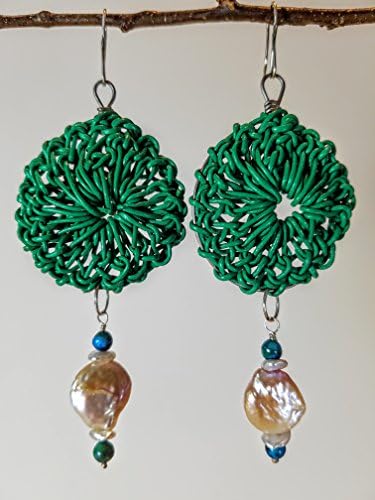 Grass Green Leather Rosette Earrings on Titanium Hoops with Round Pink Coin Pearls, Small Keishi Pearls, Green Chrysoprase & Brushed Sterling on Sterling Silver Earwires - 100% Handmade