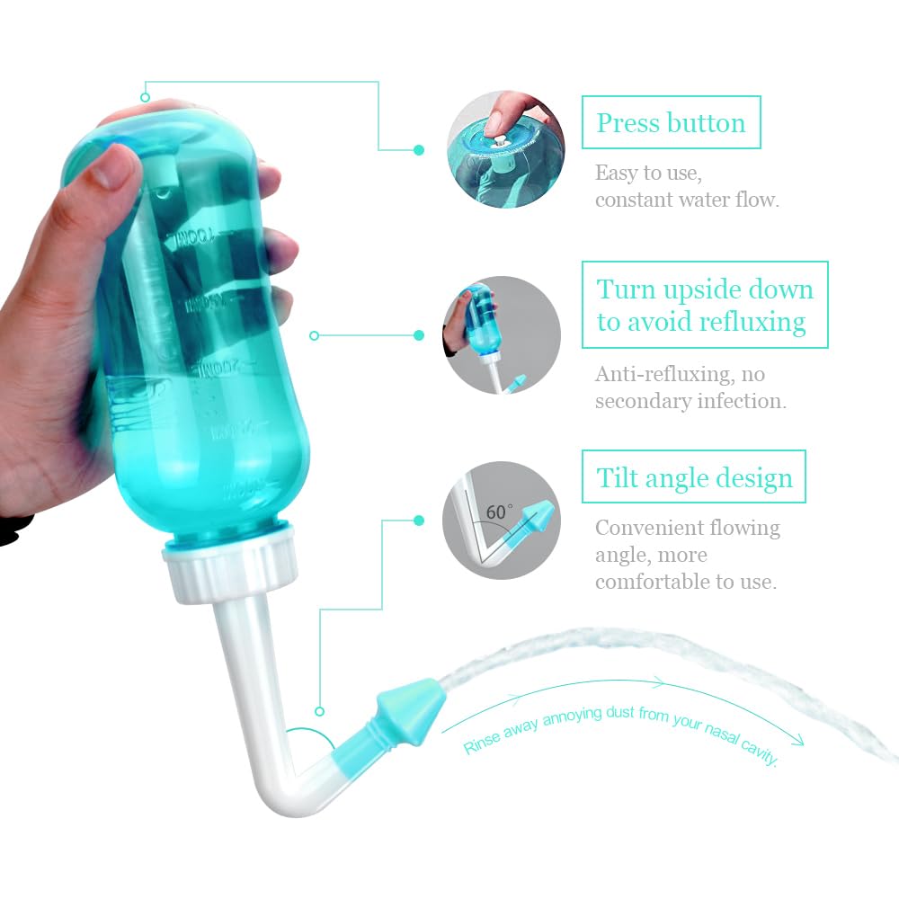 Waterpulse Neti Pot Sinus Rinsing, Nasal Wash Bottle Sinus Rinsing Bottle Cleaner Pressure Irrigation Neti-Pot with Sticker Thermometer for Adult & Kid BPA Free (Green)