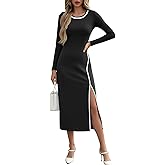 Wenrine Womens Long Sleeve Midi Dress 2025 Casual Fall Crewneck High Slit A Line Contrast Loose Maxi Dresses