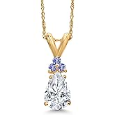 Gem Stone King 14K Yellow Gold White Moissanite and Blue Tanzanite Pendant Necklace for Women | 1.09 Cttw | Gemstone Birthstone | Pear Shape 8X5MM | With 18 Inch Chain