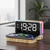 CHOUYONL Bedroom Alarm Clock for Heavy Sleepers - 5 in 1 Magnetic 10W Wireless Charger with White Noise Bluetooth Speaker RGB Light Dual Alarm (Woodgrain)