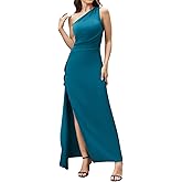 Scacto Women's Sexy One Shoulder Satin High Split Cocktail Wedding Party Maxi Dress