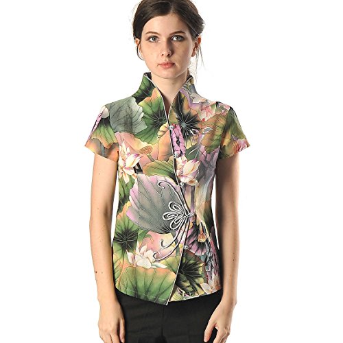Quyi Women Lotus Floral Water Lily Embroidery Standing Collar Top Green