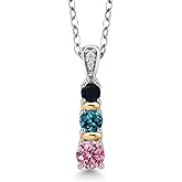 Gem Stone King 925 Silver and 10K Yellow Gold Round Pink Lab Grown Diamond London Blue Topaz and Black Onyx Pendant Necklace For Women (0.57 Cttw, Gemstone April Birthstone, with 18 Inch Chain)