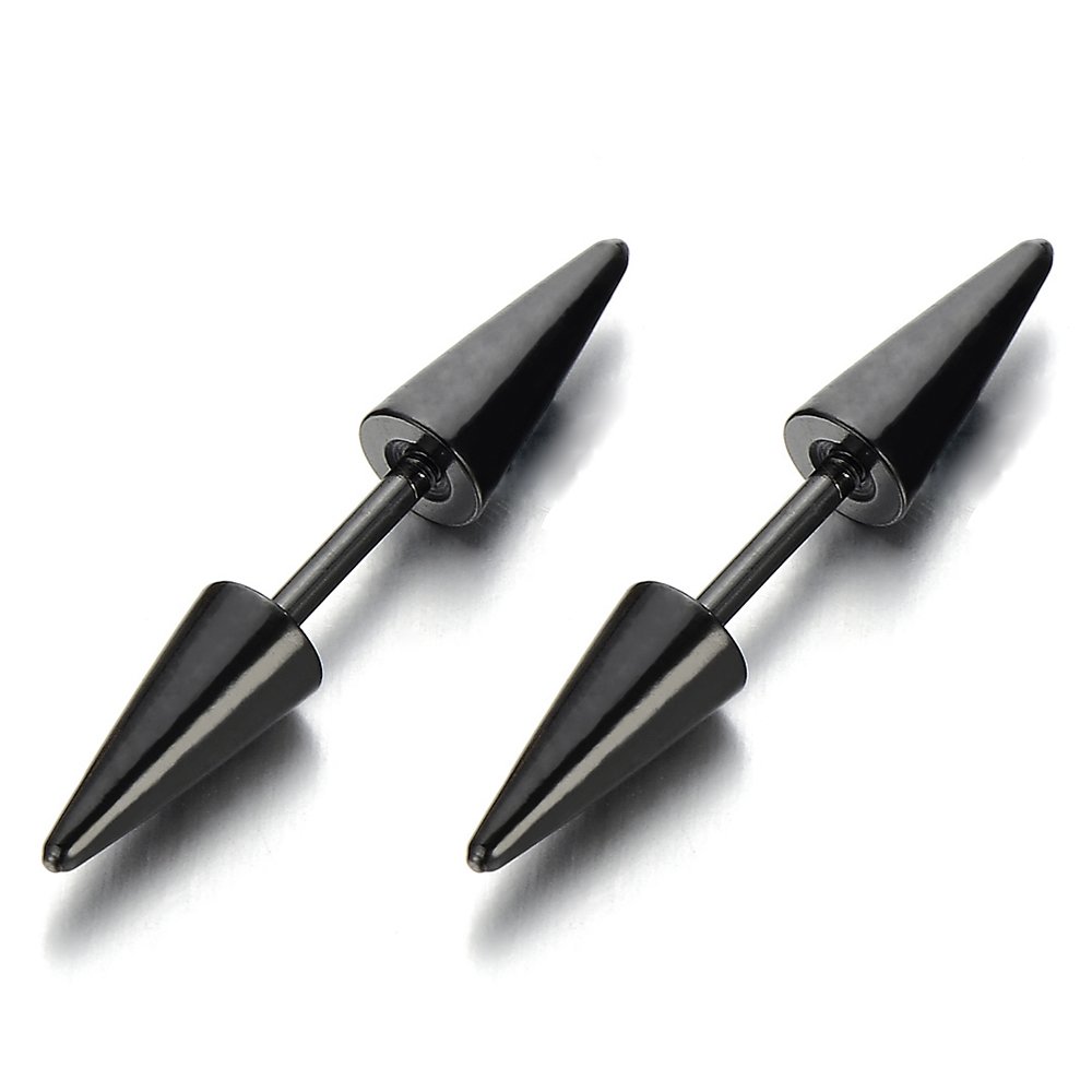 Pair Black Double Spike Stud Earrings in Stainless Steel for Men and Women