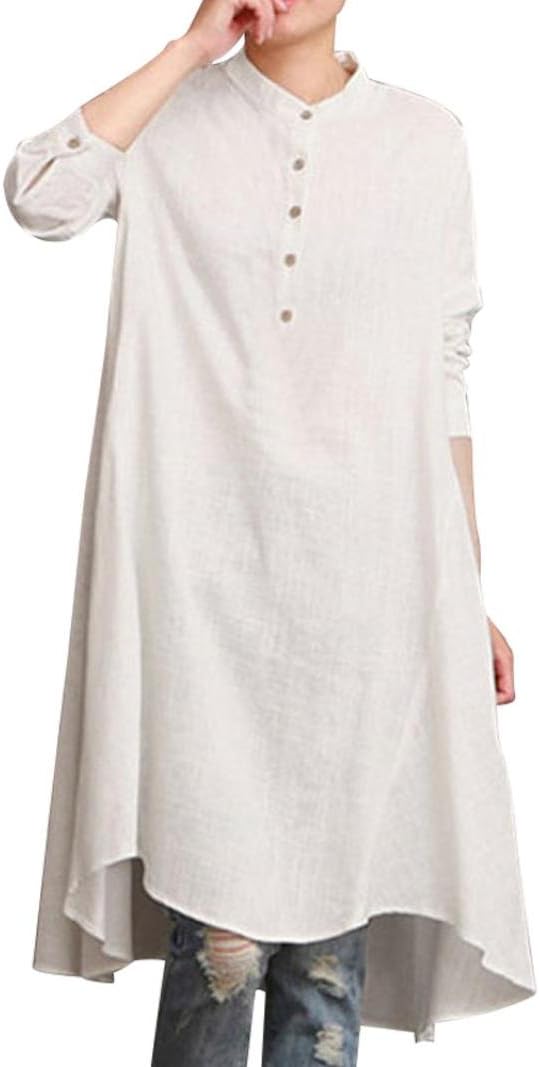 iDWZA Women Kaftan Cotton Linen Long Sleeve Loose Solid Blouse Top Shirt Baggy Pullover