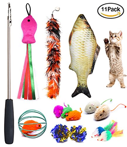 Cat Toys Set, Cat Retractable Teaser Wand, Catnip Fish, Interactive Cat Feather Toy, Mylar Crincle Balls, Two Cotton Mice, Four Fluffy Mouse