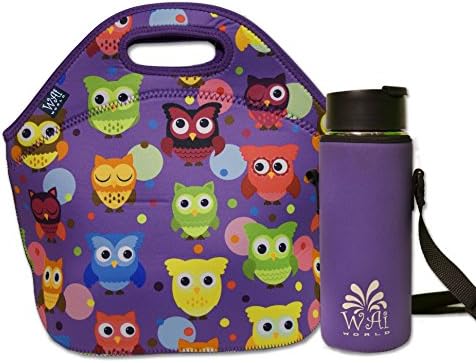 Neoprene Insulated Lunch Bag with Zipper and Water Bottle Carrier, Purple Owls