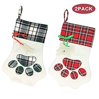 PK.ZTopia Plaid Pet Dog Paw Christmas Stocking (18"x11"), Xmas Tree Hanging Pendant Candy Gift Bag for Holiday and Pet Dog Storage Bag Christmas Party Mantel Decorations (2 PCS, Green/Red)