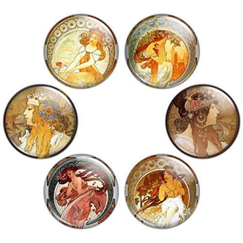 Button Bistro Women's Mucha Art Nouveau Artwork 1.25 inch Pinback Button Set #2