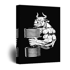 Canvas Wall Art - Bull Holding Dumbbell Fitness Body Building Pop Art - Giclee Print Gallery Wrap Modern Home Art Ready to Hang - 12x18 inches