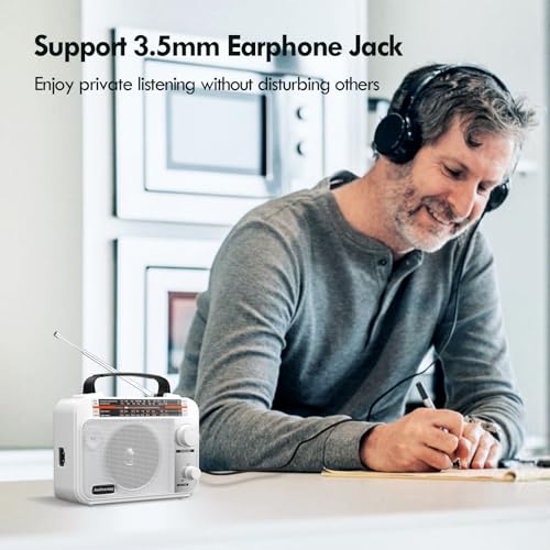 Audiocrazy Portable Radio AM/FM/SW1-2 Multiband Radio with Rechargeable Battery 1800 mAh, AC Cable or Portable FM Radio, Fleece, Speakers, Headphone Jack, AUX Input White
