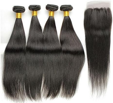 7A Unprocessed Brazilian Virgin Hair Straight Remy Human Hair Weaves Extensions 3/4 Bundles (10 12 14 Inch with 8 free part closure)