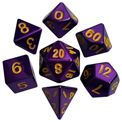Purple Painted Solid Metal Dice with Gold Numbers 16mm (5/8in) 7-Dice Set Metallic Dice Games