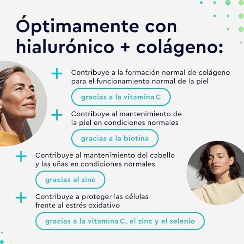 Colágeno + Ácido Hialurónico - Soporte al cabello, piel, huesos + sistema inmunitario - Fórmula con 1000 mg de colágeno hidrolizado + Vitamina C, Biotina, Zinc, Selenio y otros - 180 Cápsulas