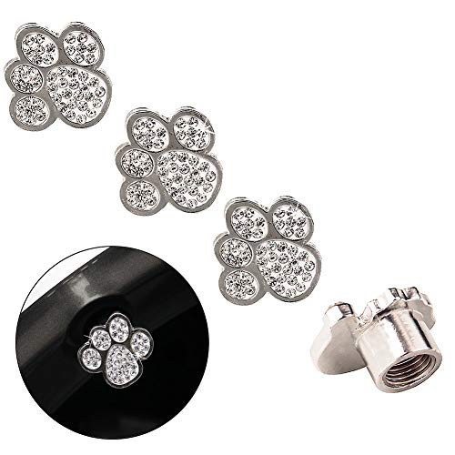 Valve Stem Caps, 4 Pack Handmade Crystal Rhinestone Dog Footprints Universal Car Tire Valve Caps Chrome,Attractive Dustproof Bling Car Accessories - Dog Footprints - Thumbnail 2