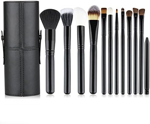 12pcs Professional Makeup Brushes Make Up Brush Set &amp; Leather Brush Holder Pot（Black）