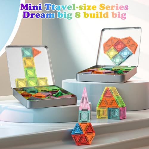 Euakee Magnetic Tiles, Travel Magnetic Building Blocks Set, Mini Magnetic Tiles, Building Toys with Iron Box for Boys and Girls, Montessori Toy (B)