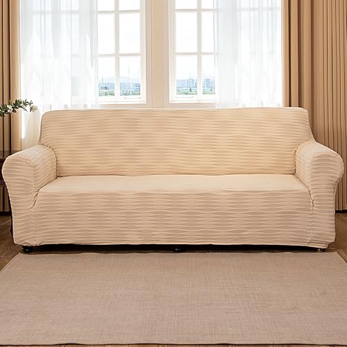 TIANSHU 1 Seater Adjustable Jacquard Sofa Cover, Elastic Sofa Covers, Spandex Armchair Cover, Non-Slip, Stain Resistant, Washable (Wavy, Beige)
