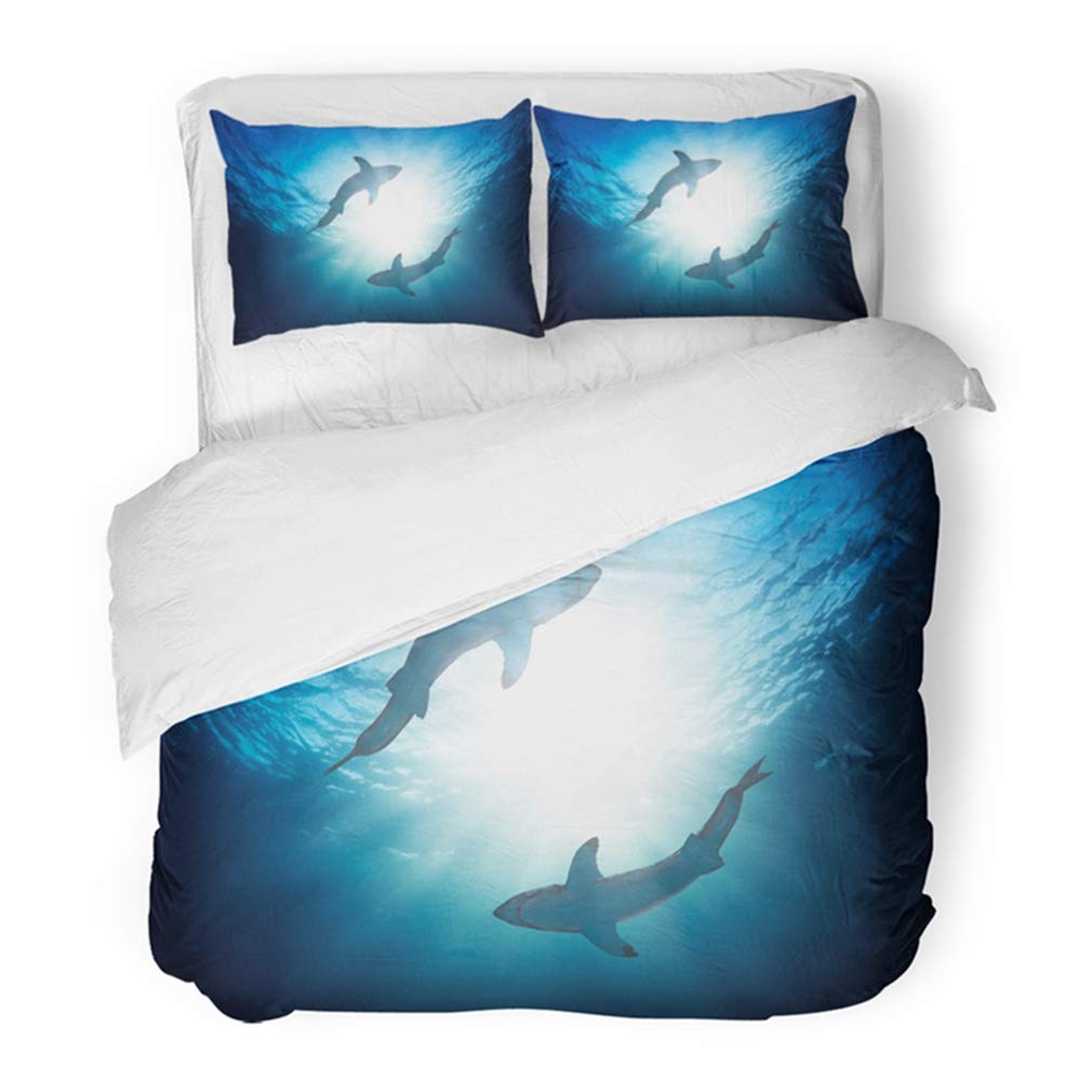 Emvency Bedding Duvet Cover Set King Size (1 Duvet Cover + 2 Pillowcase) Blue Swimming Great White Sharks by Watersurface View from Bottom Silhouette Diver Hotel Quality Wrinkle and Stain Resistant
