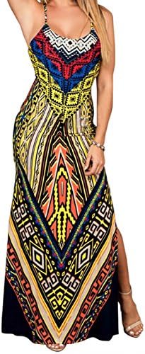 LAFASO Women's Spaghetti Strap Backless Bodycon Floral Aztec Print Maxi Dress
