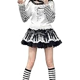 Womens Pleated Y2k Cute Skirt Elastic Waist Black and White Piano Key Trendy Polka Dot Lace Lotus Skirt