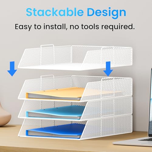 VITVITI 5 Tier Stackable Tray for Office, Desk Paper Organizer, File Trays, Office Desk Accessories with Pen Holder - White