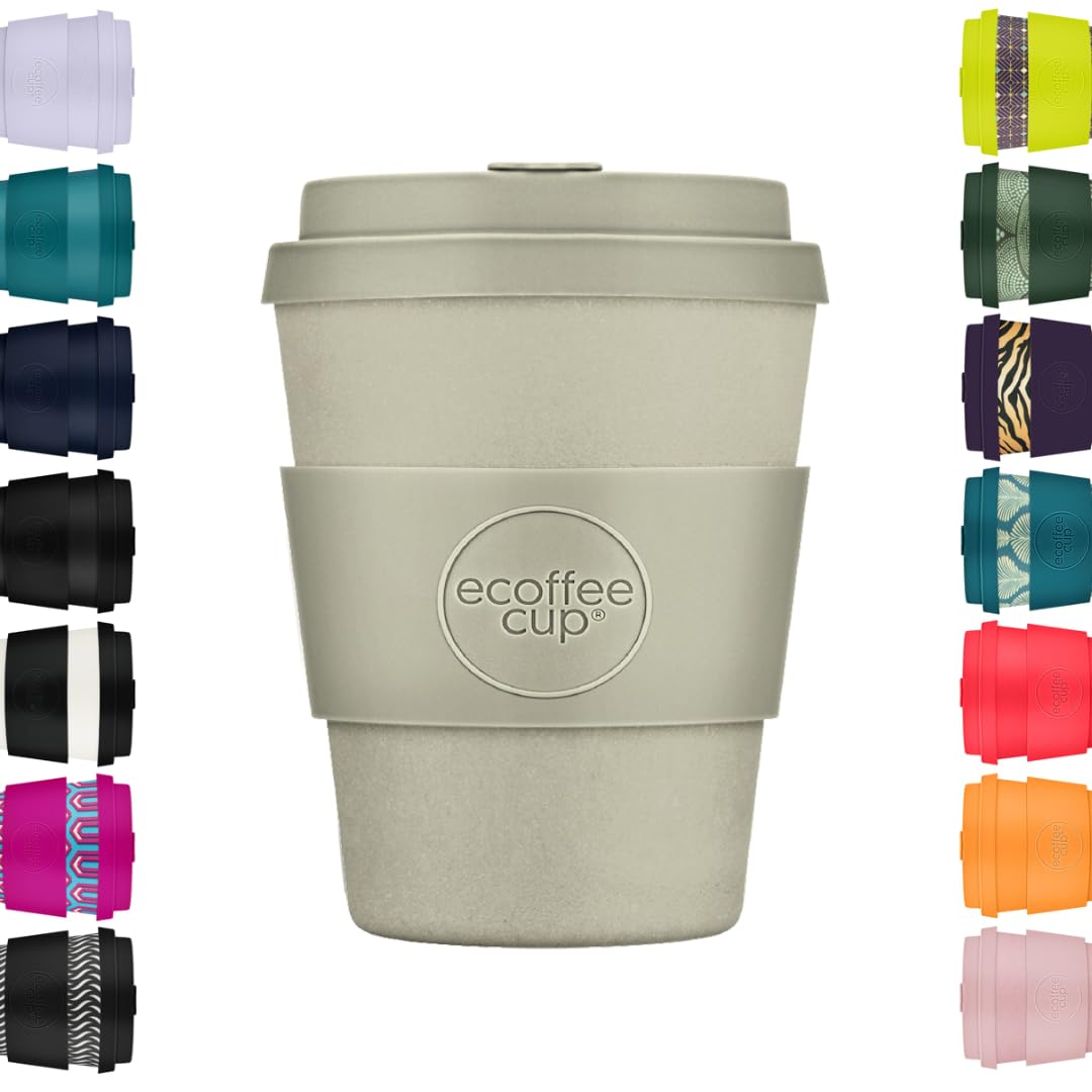 Ecoffee Cup 8oz 240ml Reusable Eco-Friendly 100% Plant Based Coffee Cup with Silicone Lid & Sleeve - Melamine Free & Biodegradable Dishwasher/Microwave Safe Travel Mug, Molto Grigio