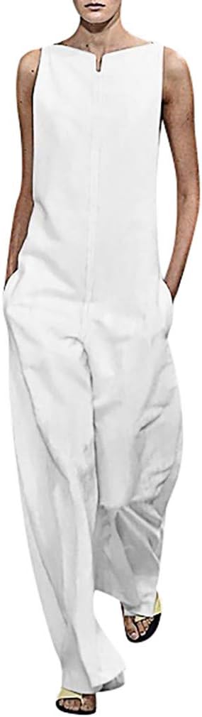 Women Cotton Linen Baggy Overalls Jumpsuits Vintage Sleeveless Wide Leg Pants Rompers Loose Comfy Harem Jumpsuit