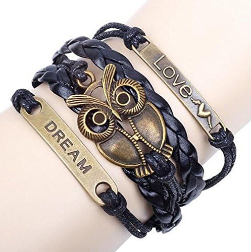 Leather Store Retro Bronze Owl Infinity Symbol Time Theme Unique Braided Adjustable Charm Bracelet