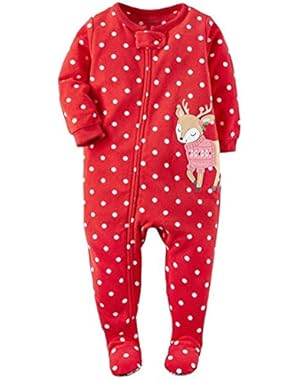 Girls Footed 1 Piece Zip Up Soft Fleece Sleepwear Pajamas (12M, (13)Red Dots/Reindeer)