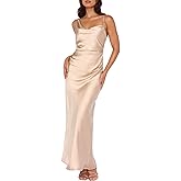 Summer Satin Maxi Dresses for Women 2025 Cowl Neck Ruched Silk Formal Wedding Guest Bridesmaid Slip Dress with Slit