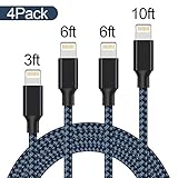 iPhone Cable,XUZOU Lightning Cable 4Pack 3FT 6FT 6FT 10FT to USB Syncing and Charging Cable Data Nylon Cord for iPhone 7/7 Plus/6/6 Plus/6s/6sPlus/5/5s/5c/SE and more (Black Blue)
