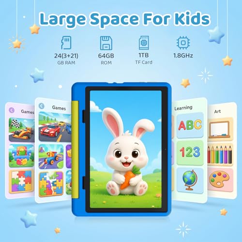 Gleeso Kids Tablet 10 inch Android 16, 24GB RAM+64GB ROM, Child Tablet 1280 * 800 IPS, 5MP+8MP Camera, 6000mAh, WiFi 6/BT 5.3, Parental Control, Toddler Tablet with Protective Case(Blue)