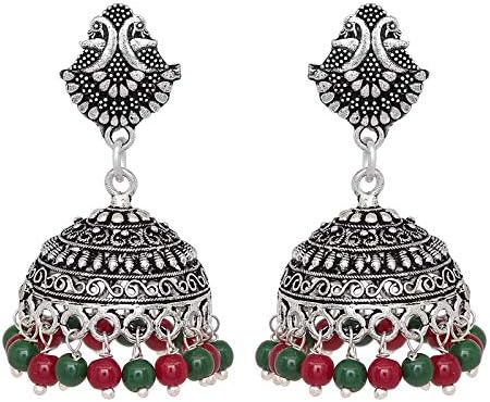 V L IMPEXMaroon & Green Beads Lovely Peacock Oxidised Silver Plated Jhumki Earring Jewellery For Girls