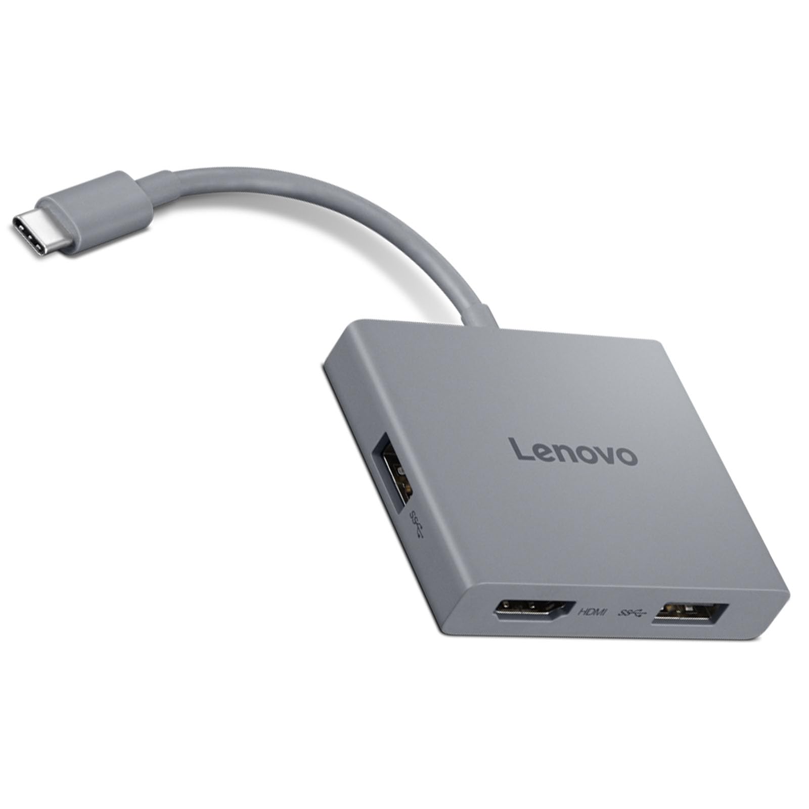 Lenovo USB-C 4 in 1 Travel Hub Block with Integrated Cable, 1x HDMI 4K @ 60Hz, 2X USB-A 3.2, 1x 3.5mm Combo, Luna Grey – Portable, Compact, High-Speed Connectivity Laptops PC Gaming Console Charging Image