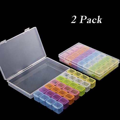 SHEEFLY 2 Pack 28 Grids Diamond Painting Box, Storage Case for Diamond Embroidery Rhinestone Accessories, DIY Craft, Diamond Stones Dividers Box Organizer with Tweezers, Label Sticks(Colorful)